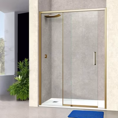 Paroi de douche porte coulissante DROITE en verre ép 6mm L132/136xH195 cm – profilé or – SUPERBAN Vézannes 2P