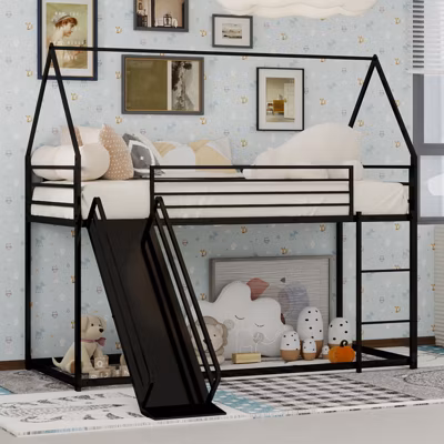Lit Mezzanine Enfant 90×190 cm – Lit Maison avec Toboggan et Échelle, Métal Noir, Sans Matelas