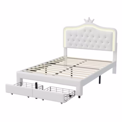 Lit rembourré 140×200 avec LED Tête de Lit, Sommier à Lattes en Bois, Blanc