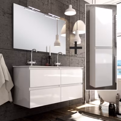 Ensemble meuble de salle de bain 140cm double vasque + colonne de rangement – BALEA – blanc