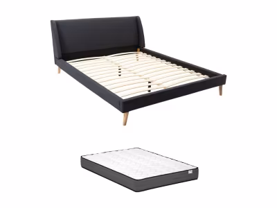 Lit scandinave 160 x 200 cm – Tissu – Gris anthracite + Matelas – BENEDICTE