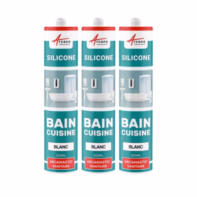 Mastic Silicone pour joints étanchéité douche, salle de bain, cuisine ARCAMASTIC SANITAIRE Blanc – 300 ml x 3 – ARCANE INDUSTRIES