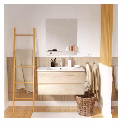 Meuble simple vasque SORRENTO 80cm décor chêne avec robinet et miroir