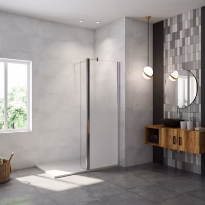 Paroi de douche avec 30 cm retour pivotant – 80 x 200 cm – 8 mm Verre effet Brume, finition chrome avec barre de fixation 140cm
