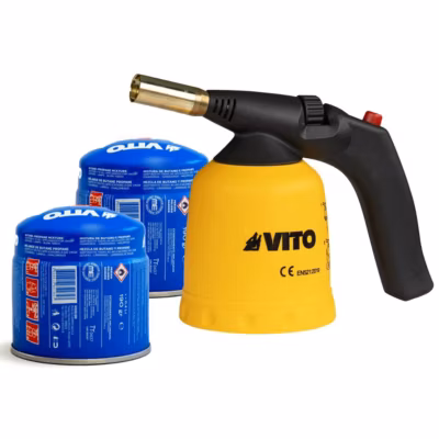 Lampe a souder à gaz ABS Allumage piezo + 2 Cartouches de gaz 190gr Perçables – Chalumeau à gaz Bricolage Plomberie Soudure VITO