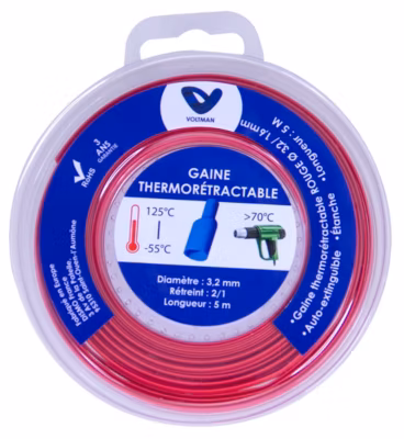 Gaine thermorétractable 5m – diamètre 3,2/1,6mm – Rouge – Voltman