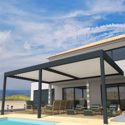 Pergola Bioclimatique COCOON XL Mixte Gris anthracite / Blanc 7,00×6,037m (Vérin à télécommande + Kit LED 3 cotés)