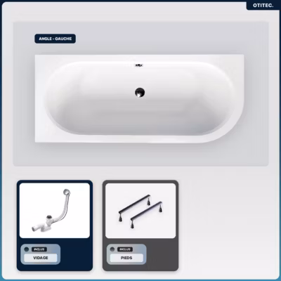 Baignoire asymétrique – 180 x 80 cm – Droite – sans Habillage – avec Pieds – Vidage Chrome – AVITA