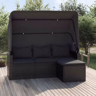 vidaXL Canapé de jardin 3 places avec toit et repose-pieds Noir 362334