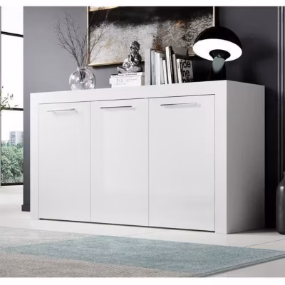 Buffet bas contemporain – 3 portes cannelées – Blanc brillant – Mélamine – 144 x 80 x 42 cm
