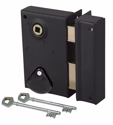 Serrure en applique à fouillot Verticale Ouvrant Droite avec clés à gorges Axe 40 mm
