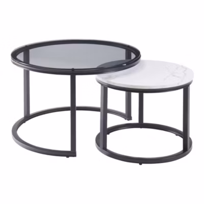 Set de 2 tables basses Kokkola gigognes verre fumé / effet marbre blanc en.casa