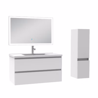 Ensemble meuble de salle de bain 100cm, vasque céramique + colonne + miroir lumineux, blanc
