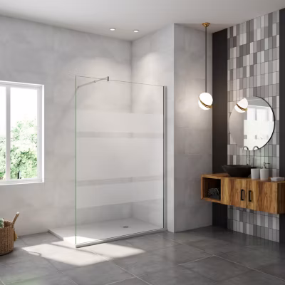 paroi de douche 140x190cm,6mm verre anticalcaire avec bandes horizontales sérigraphiées,barre de fixation extensible 70-120cm