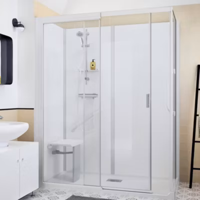 Cabine de douche Kinedo Kinemagic Design 100×90 habillage mixte 1 coulissant verre transparent avec mitigeur
