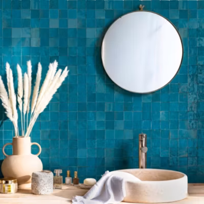 Carrelage Zellige Marocain Bleu Turquoise 5×5 cm  (vendu par plaque de 30×30 cm soit 0,09 m²) – RO&rsquo;MA NATURE