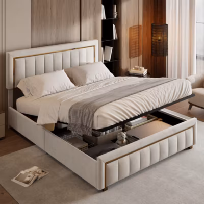 Lit coffre 140×200 avec tête de lit, lit tapissé avec sommier à lattes, lit double, beige