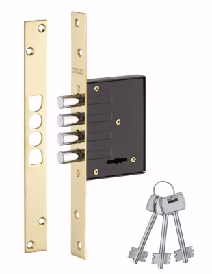 Serrure encastrable pour porte d&rsquo;entrée, axe 40mm, 4 pênes ronds, têtière laitonnée, 3 clés – THIRARD