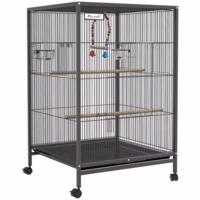 Cage à oiseaux sur roulettes – volière mobile – nombreux accessoires – dim. 48x46x74cm – acier époxy gris noir