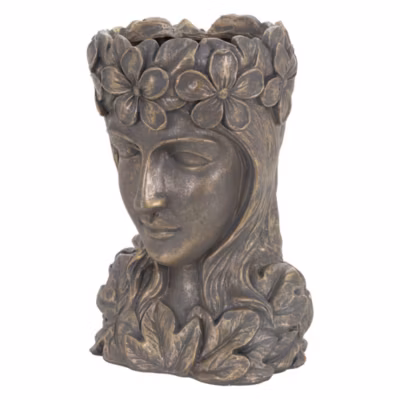Pot de Plantes/Fleurs Tête de Déesse, 21x16x32 cm, Bronze, Résine, Intérieur/Extérieur, Statue Massif, Femme Sculpture