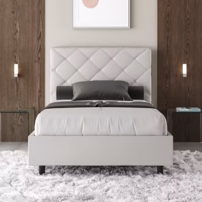 Lit coffre capitonné simili cuir blanc Priya 140×210