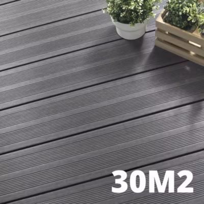 Kit Terrasse ATLANTA 30m² – 91 Lames de Terrasse (220 x 14.5 x 2.25 cm) – Platinium – Garantie 15 ans – Fixation par Clips