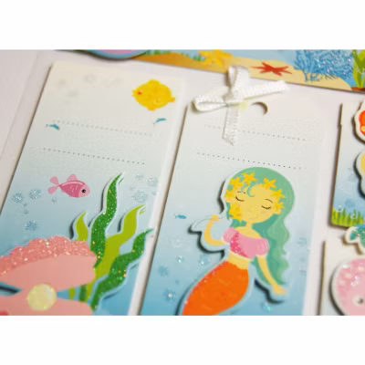 8 étiquettes autocollantes cadeaux – Sirènes – Paillettes et ruban