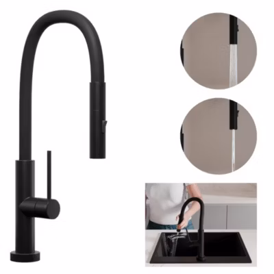PRIMAGRAN Robinet de cuisine 6030, Robinet d&rsquo;évier rotation 360 degrés, Robinet haute pression, avec bec flexible FLEX, Noir