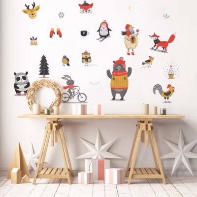 Sticker Noël animaux hivernales – Autocollants stickers adhésifs noël – décoration fêtes – 60x95cm