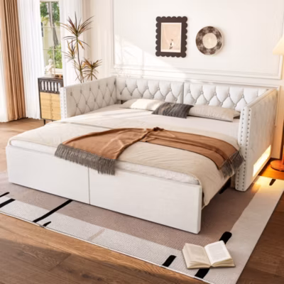 Lit Gigogne 90×200 à 180×200 cm – Lit avec Rangement Intégré et Éclairage LED – Beige