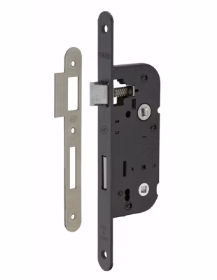 Serrure encastrable NF à condamnation pour salle de bain et toilette, axe 40mm, bouts ronds, noir – THIRARD
