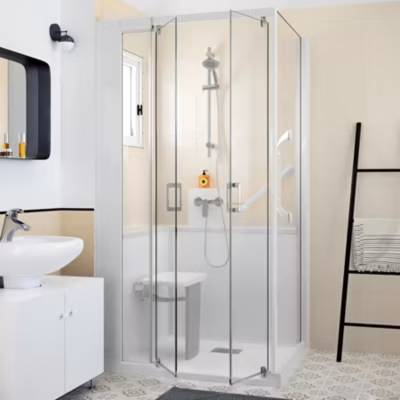 Cabine de douche Kinedo Kinemagic Sérénité 120×90 angle mixte verre transparent avec mitigeur2 portes pivotantes