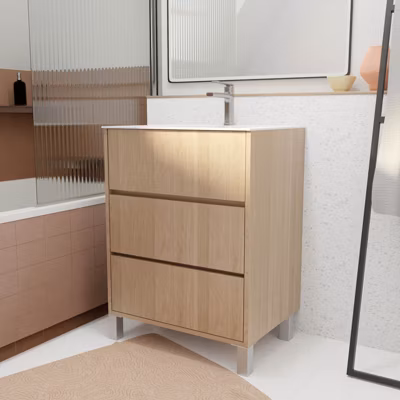 Pack Meuble Salle de Bains 60 cm Chêne Clair, 3 tiroirs avec Vasque Céramique – XENOS