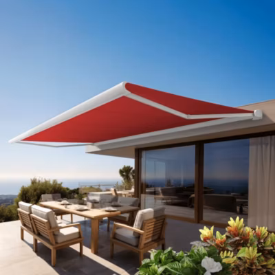 Store banne Coffre intégral PROTECT 2 SMART Blanc 6×3,5m Motorisé à télécommande + Capteur Vent – Toile Rouge