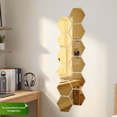 12 stickers miroirs hexagones or – 20x17cm – Autocollants stickers adhésifs effet miroir