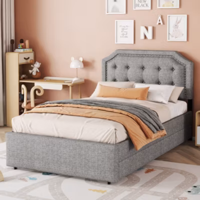 Lit 90×200 cm avec tête de lit capitonnée et rangement 2 tiroirs, tissu lin gris, structure MDF