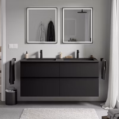 Meuble vasque suspendu MDF Noir mat, lavabo fonte Noir mat + trou robinet, poignée Noir mat – 120x46x62cm – LAVOA