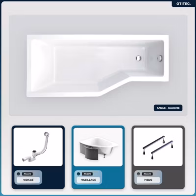Baignoire asymétrique – 170 x 75 cm – Gauche – avec Habillage – Pieds – Vidage Chrome – INTEGRA