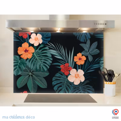 Crédence cuisine fond de hotte Végétation et hibiscus – Alu composite – L 90 cm x H 50 cm – MaCrédenceDéco