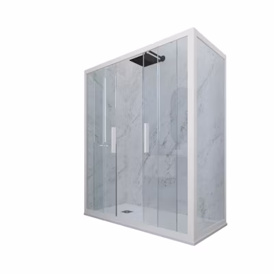 Cabine parois de douche angulaire coulissante 90×140 cm H 200 en PVC Blanc Matt Verre Transparent mod. Glam Duo