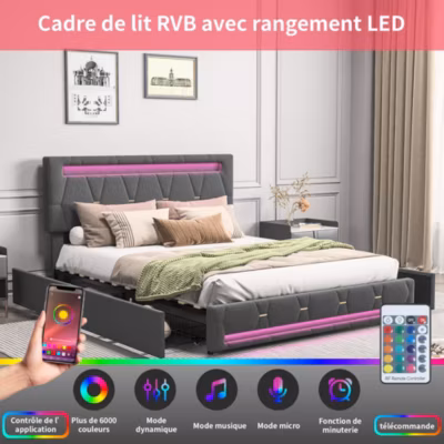 Lit 160x200cm avec 4 tiroirs + LED + sommier à lattes – lin – Gris