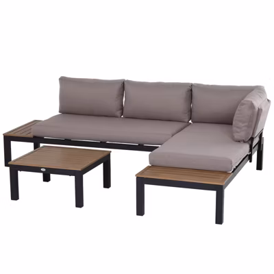 Ensemble salon de jardin d&rsquo;angle design contemporain 5 places coussins marron table basse alu. noir et imitation bois