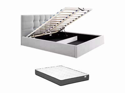 Lit coffre 160 x 200 cm – Tissu – Gris + Matelas – ELIAVA