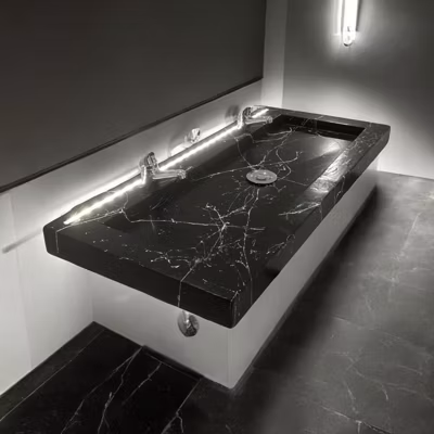 Plan Double Vasque en béton fibré cimenté noir effet marbre 120×47 avec LED + capteur de mouvement double robinetterie