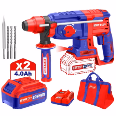 Marteau perforateur Burineur sans fil EMTOP 20V avec 1 chargeur + 2 Batteries 4.0Ah Lithium-ion Moteur brushless