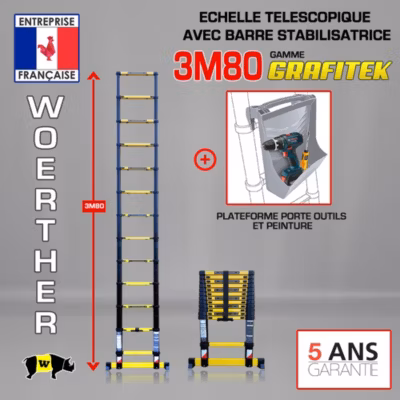 Echelle télescopique Woerther 3m80 avec barre stabilisatrice plus plateforme Woerther porte outils et peinture