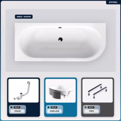 Baignoire asymétrique – 170 x 75 cm – Gauche – avec Habillage – Pieds – Vidage Chrome – AVITA SLIM