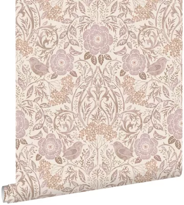 ESTAhome papier peint fleurs et oiseaux sable beige et lilas violet 53 cm x 10.05 m