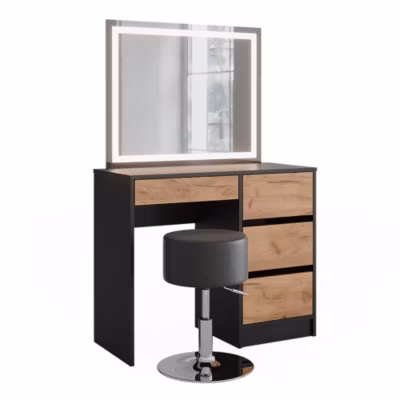 Vicco Coiffeuse Anthracite/chêne doré 90x75cm avec miroir LED et tabouret