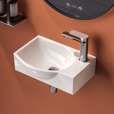 EMKE Lavabo Mural de Salle de Bain 405x280x140 mm, Vasque Rectangulaire en Céramique, Trou pour Robinet à Gauche, Blanc Brillant
